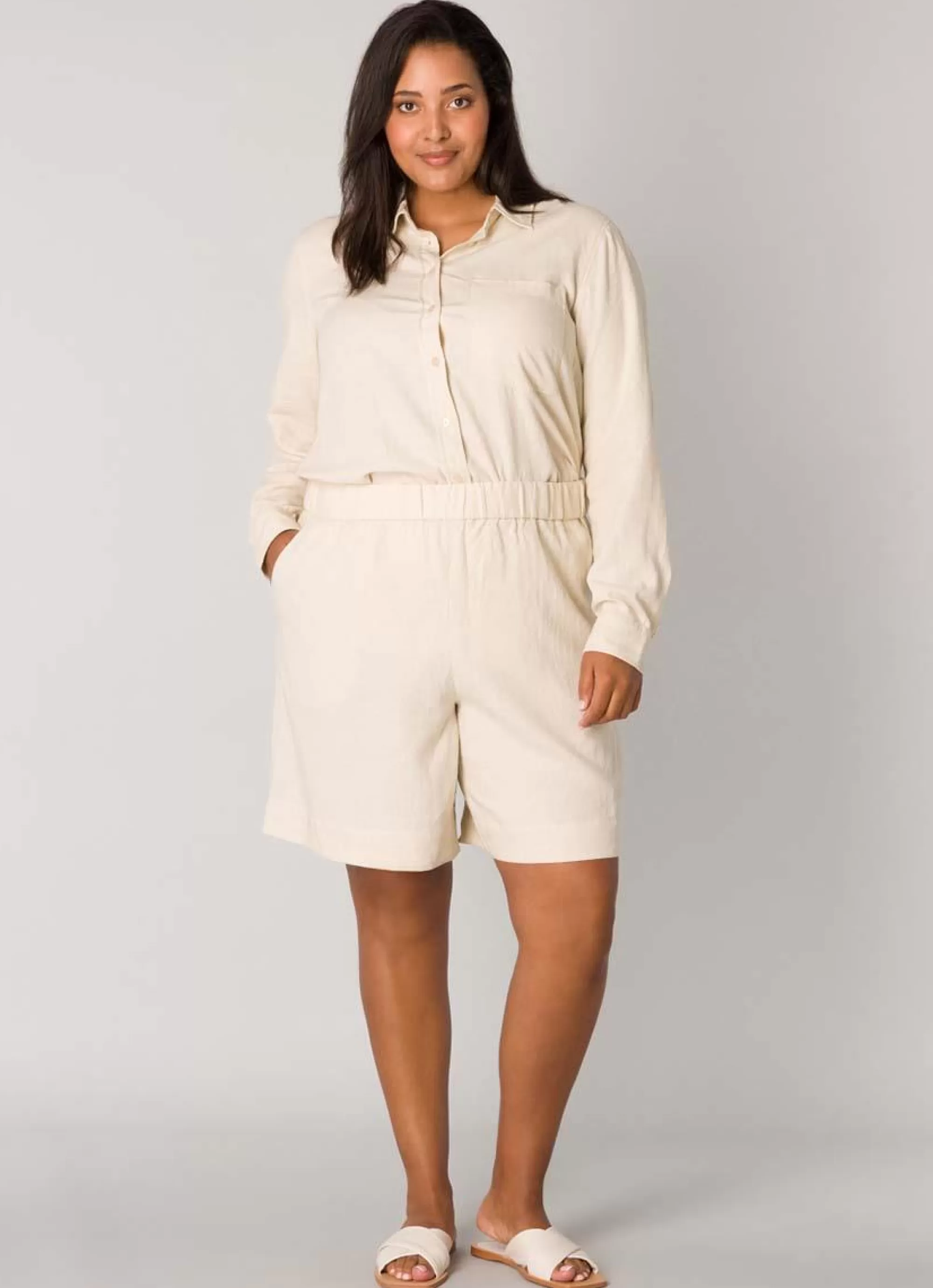 Best Sale Base Level Curvy Linnen Short Yardan 086 Light Beige