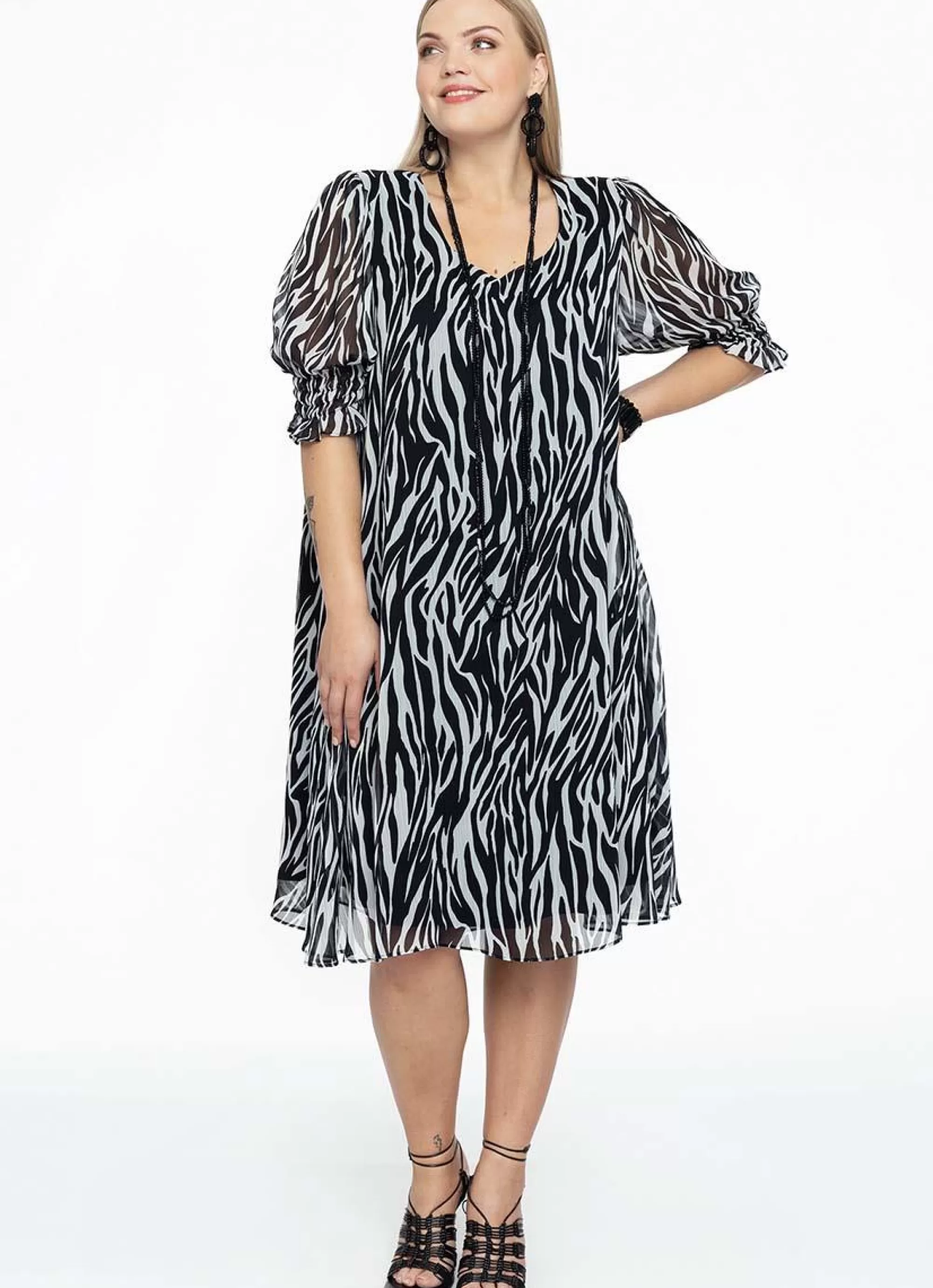 Outlet Yoek Jurk Puff Sleeve Zebra 1617582 Zwart-Wit